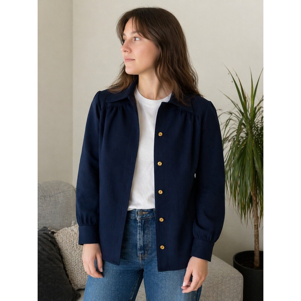 1970s Navy Preppy Blazer Jacket Brass Buttons Women Medium Near Mint